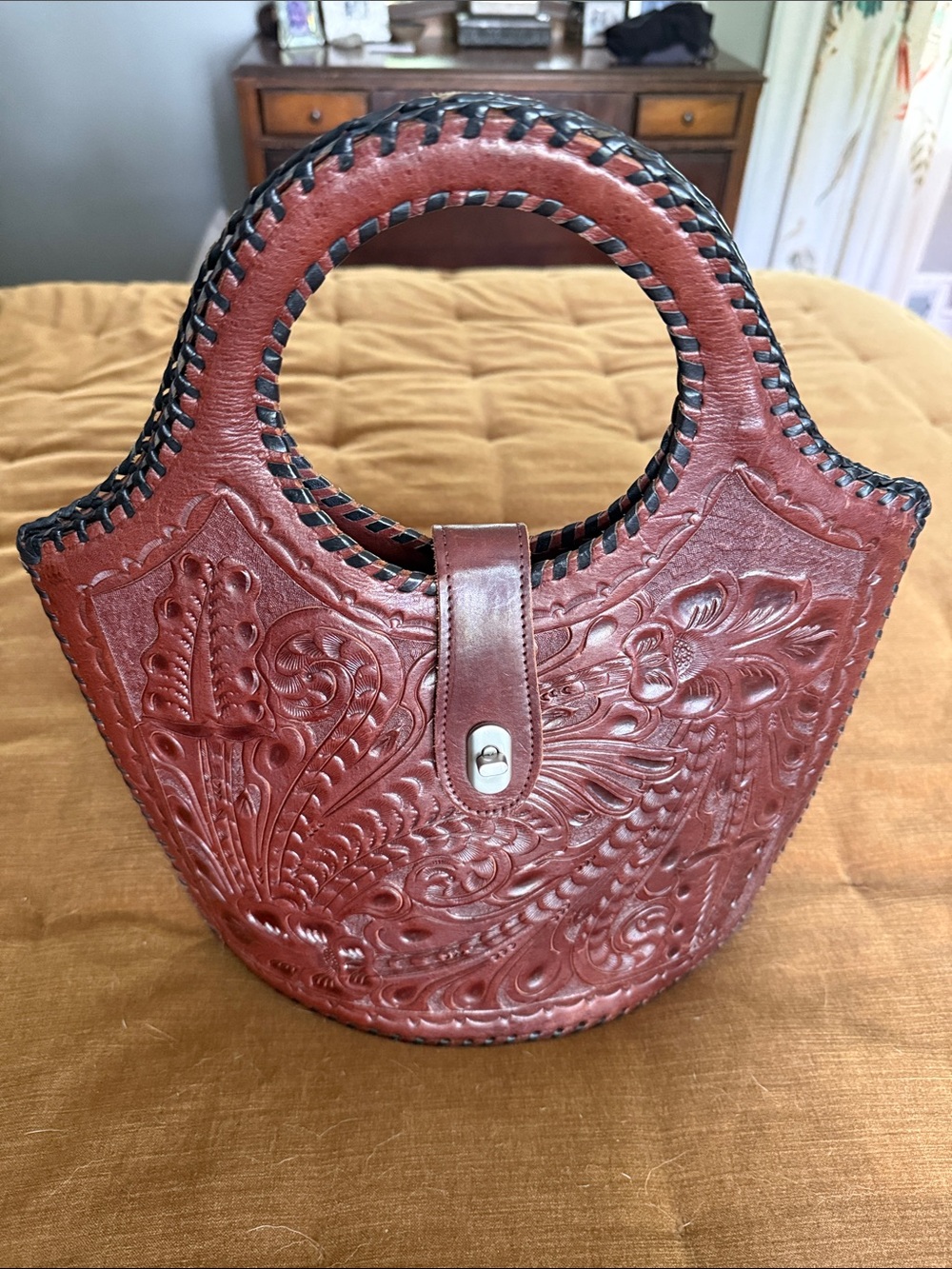 Hand-Tooled Brown Leather Circle Handle Tote bag-  real leather